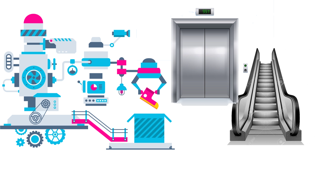 Graphic of escalator, closed elevator door, and industrial factory design graphic.