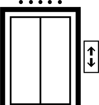 Icon of elevator doors with up and down arrows like buttons by the door.